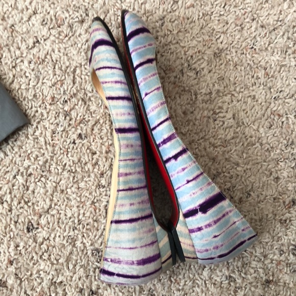Louboutin Flats Peep Toe Accent Purple Light Blue Jaquard Red Bottom Shoes 38 8 - Picture 5 of 6